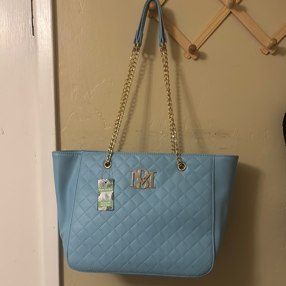 Badgley Mischka Light Blue and Gold Quilted Tote